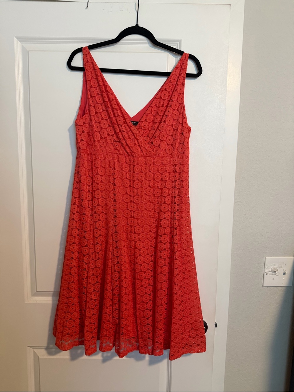 Glamour Coral-Red Lace V-Neck Fit & Flare Dress